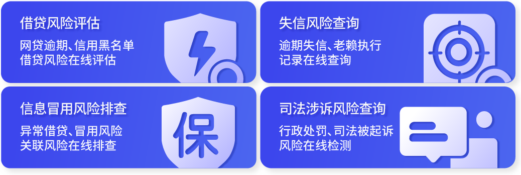 网信大数据信息报告，申请风险评估，失信违约、网贷黑名单查询，逾期失信，老赖查询，异常行为，身份冒用风险排查，行政处罚，司法涉诉在线查询